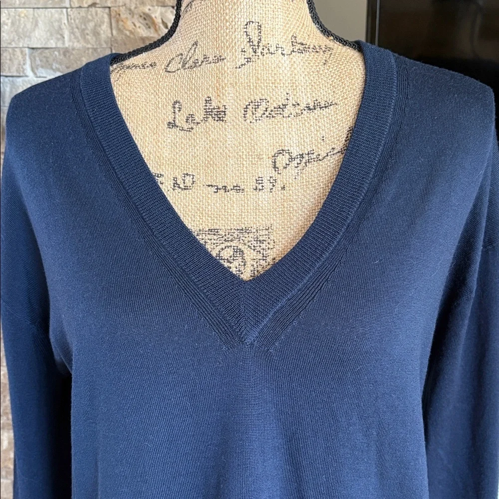 J. Crew 100% merino wool navy blue v-neckline flare sleeve hi lo sweater
